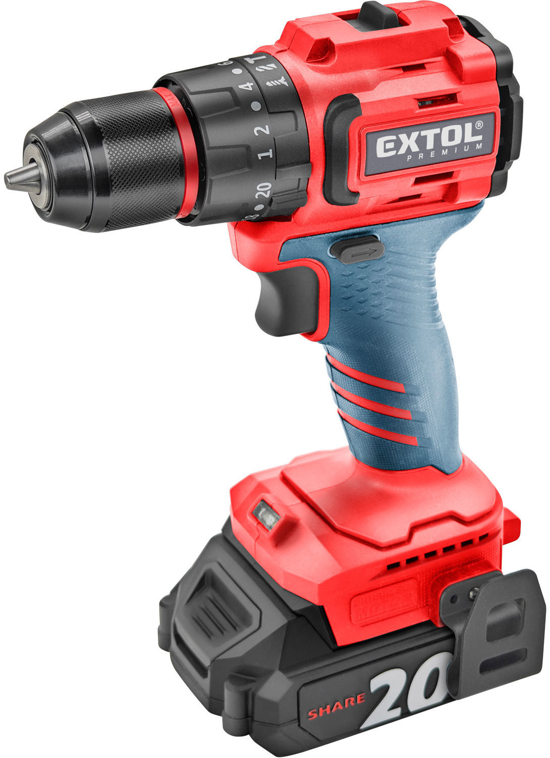 EXTOL PREMIUM Vrtací šroubovák AKU s příklepem SHARE20V, 8891808 (1 × 2 Ah)