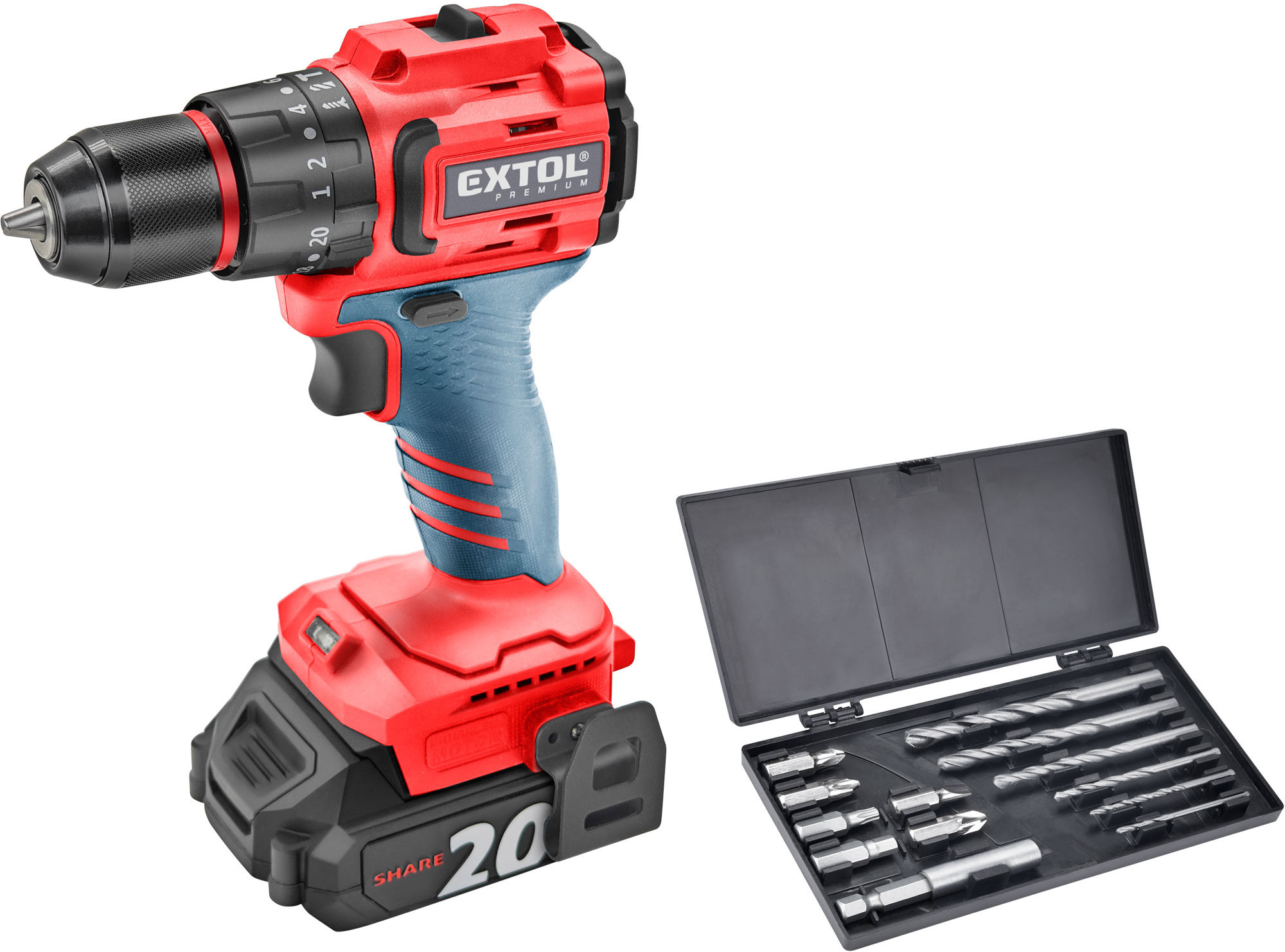 EXTOL PREMIUM Vrtací šroubovák AKU s příklepem SHARE20V, 8891806 (2 × 2 Ah)