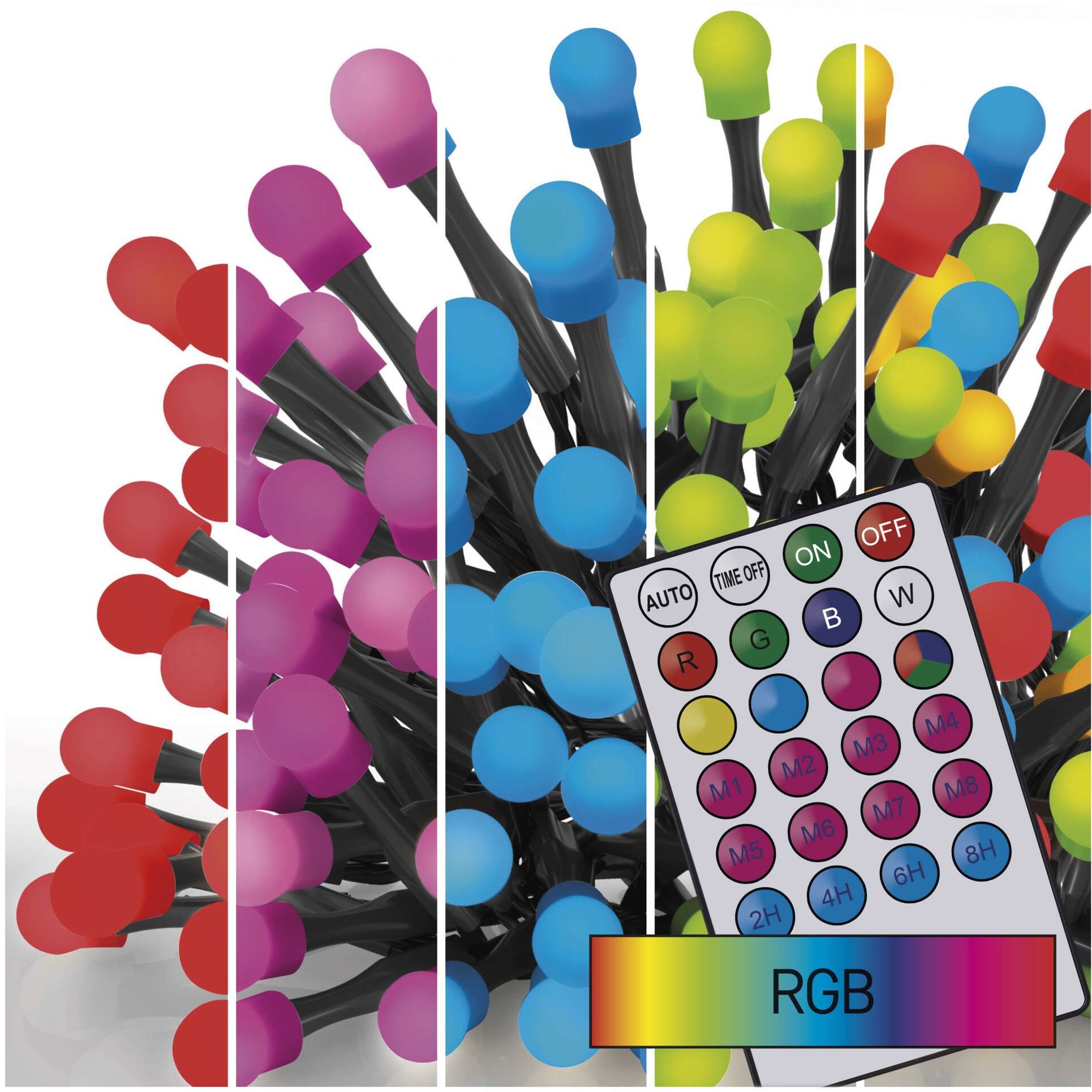 EMOS LED vánoční cherry řetěz – kuličky, 10 m, RGB, ovladač, programy, časovač