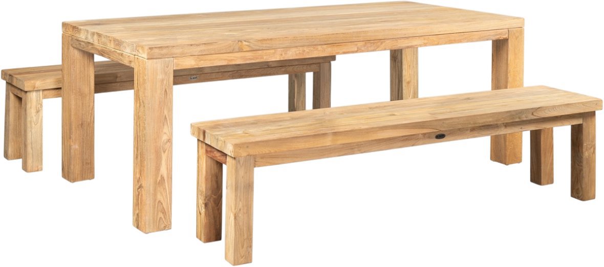 FaKOPA FLOSS + LAVICE RECYCLE set 220 × 100 cm deska z recyklovaného teaku v kombinaci 2 × lavice FL