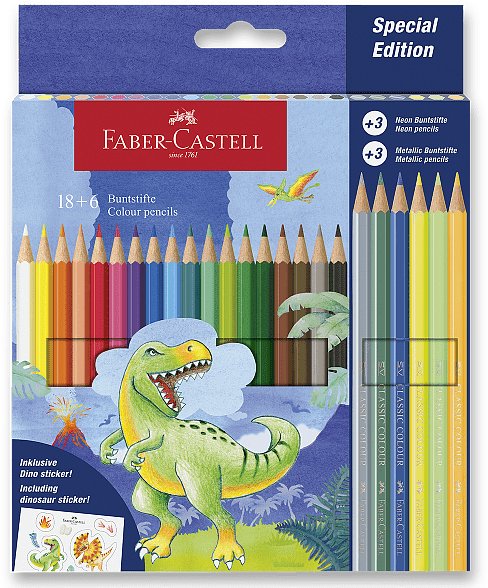 Faber-Castell Dinosaurus 24 barev - 24 barevných pastelkových barvínků, 5 vyřezávaných dinosaury