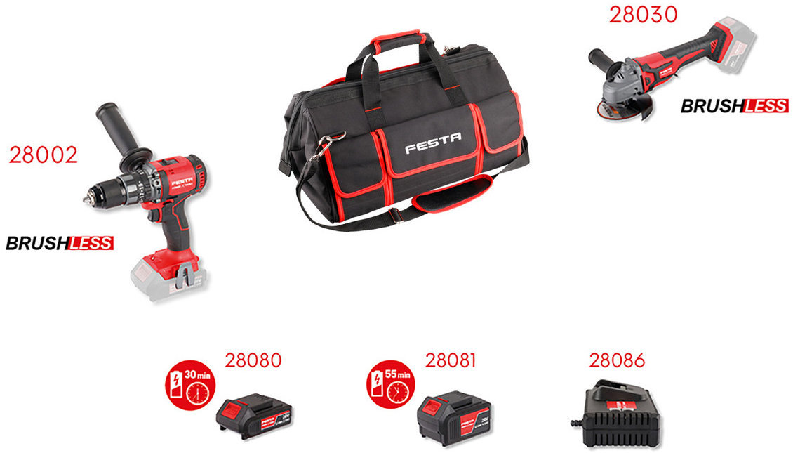FESTA Sada AKU nářadí SHARE20V - 2 × Brushless stroje, taška, nabíječka 28103 (1 × 2 Ah + 1 × 4 Ah)