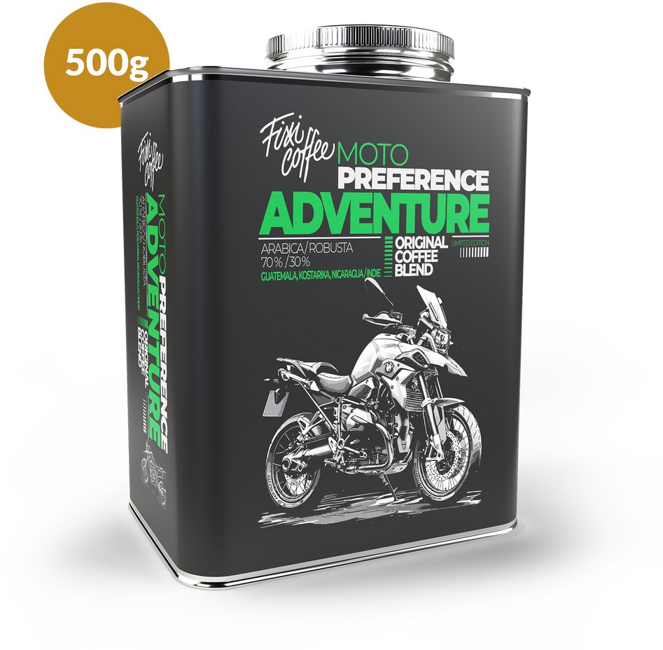 Fixi Coffee Motokafe Adventure – stylový plechový kanystr 500 g