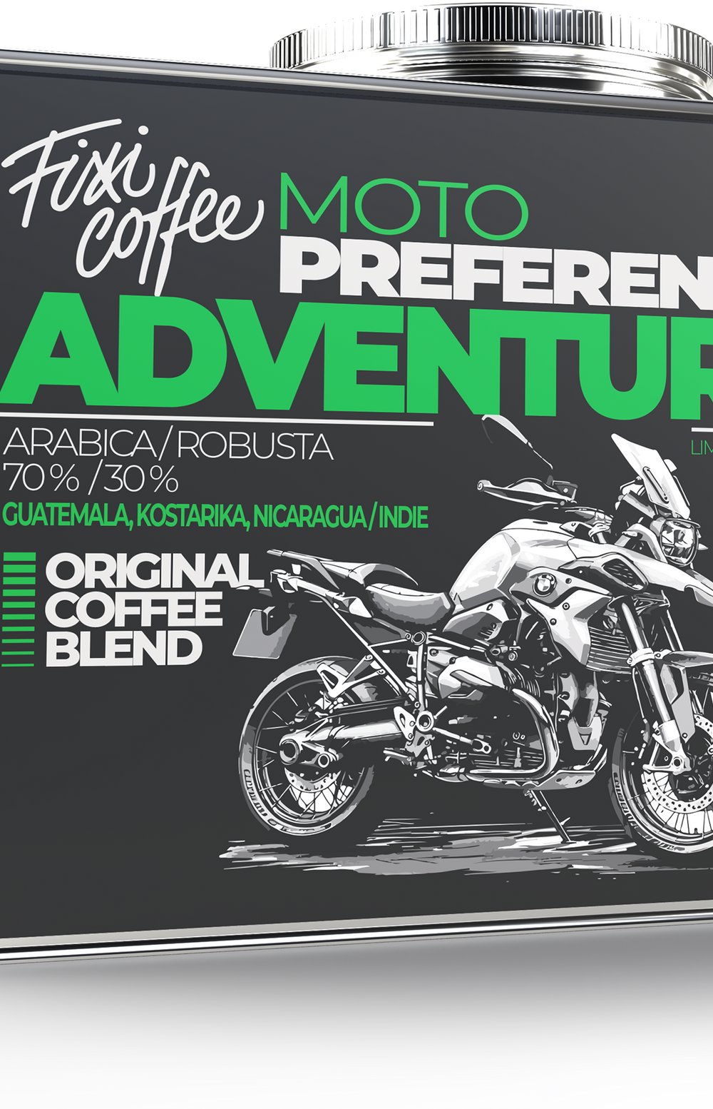 Fixi Coffee Motokafe Adventure – stylový plechový kanystr 1 kg