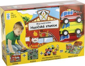 Hasičská stanice Moje malá knížka BOX: Kniha + puzzle + auta a figurky 6ks + hrací sada