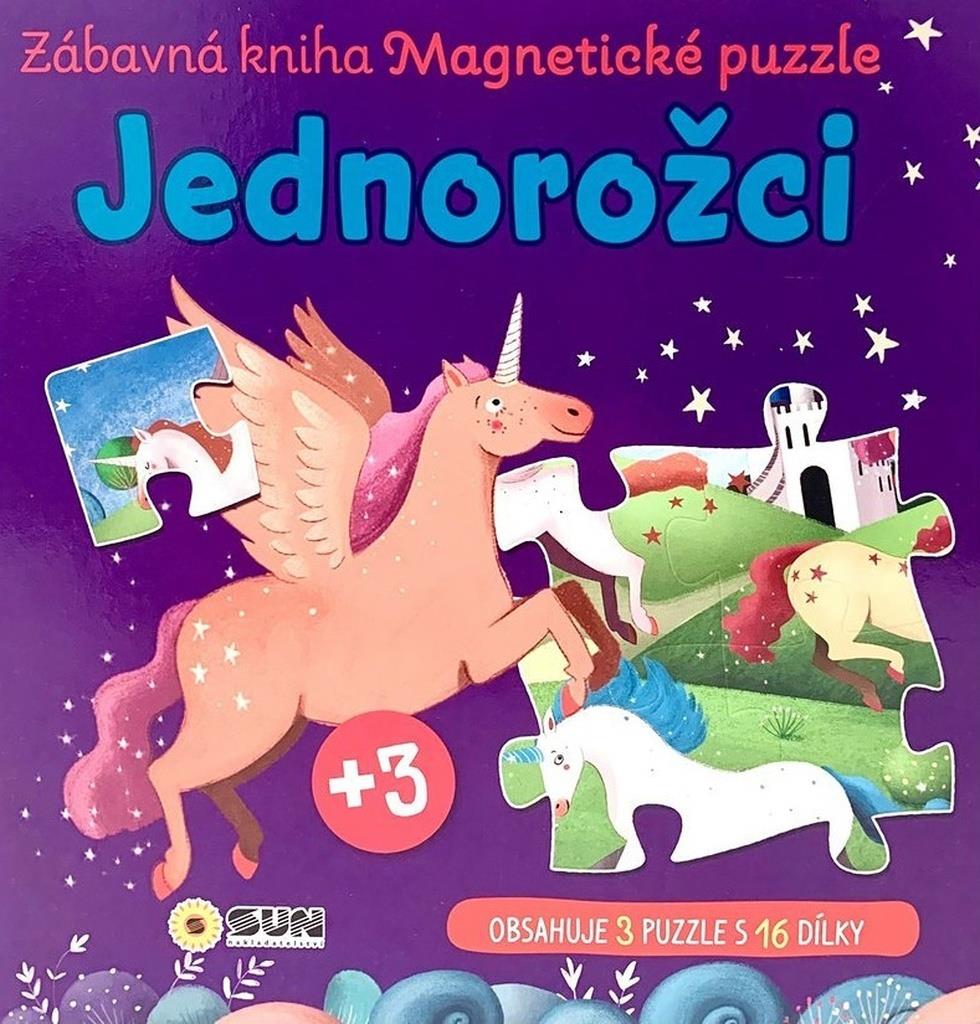 Jednorožci Zábavná kniha Magnetické puzzle: obsahuje 3 puzzle s 16 dílky