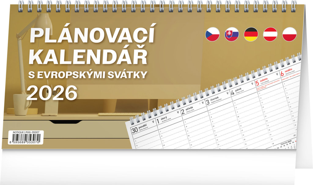 NOTIQUE Plánovací s evropskými svátky 2026 - 25 listů, 12,5 x 25 cm