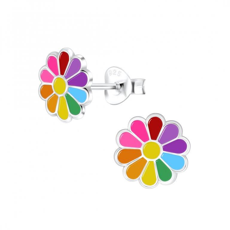 Flor de Cristal Dětské stříbrné náušnice, duhová květina (Ag925/1000, 1 g)