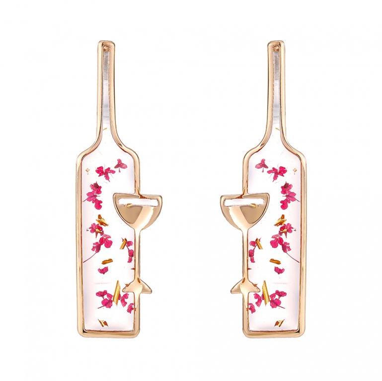 Flor de Cristal Náušnice Láhev vína se skleničkou obrys, červená