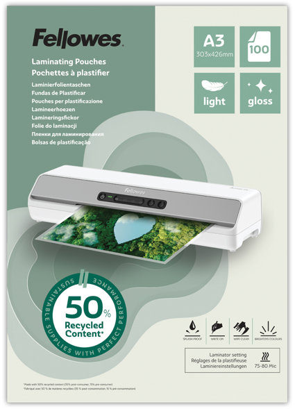 Fellowes A3/160 z recyklovaného materiálu (50%), lesklé - balení 100 ks