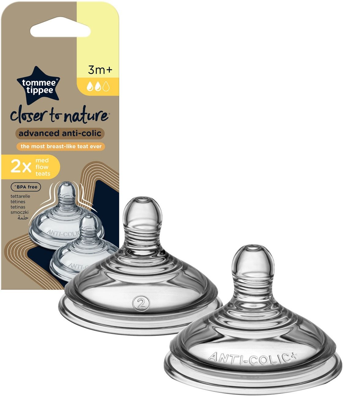 Tommee Tippee Náhradní savičky C2N ANTI-COLIC střední průtok 3 m+, 2 ks