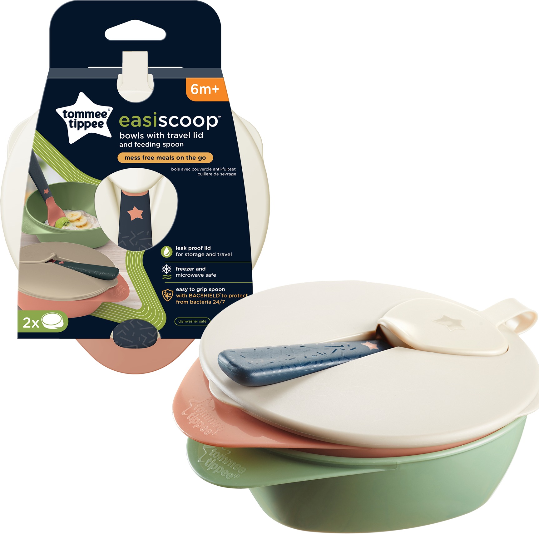 Tommee Tippee Easy Scoop misky pro snadné nabírání s víčkem a lžičkou 6m+, 2 ks