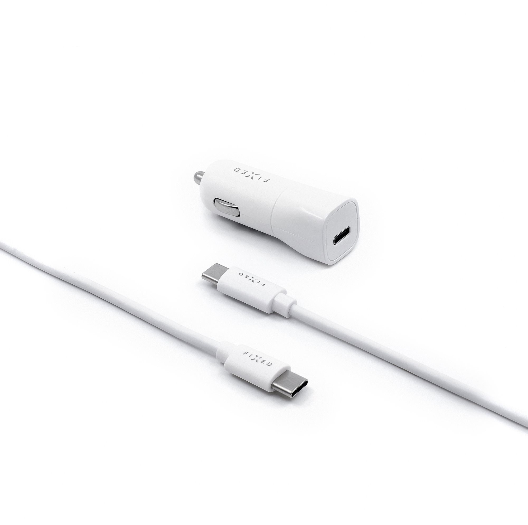 FIXED Car s USB-C výstupem a USB-C/USB-C kabelu podpora PD 1m 18W bílá