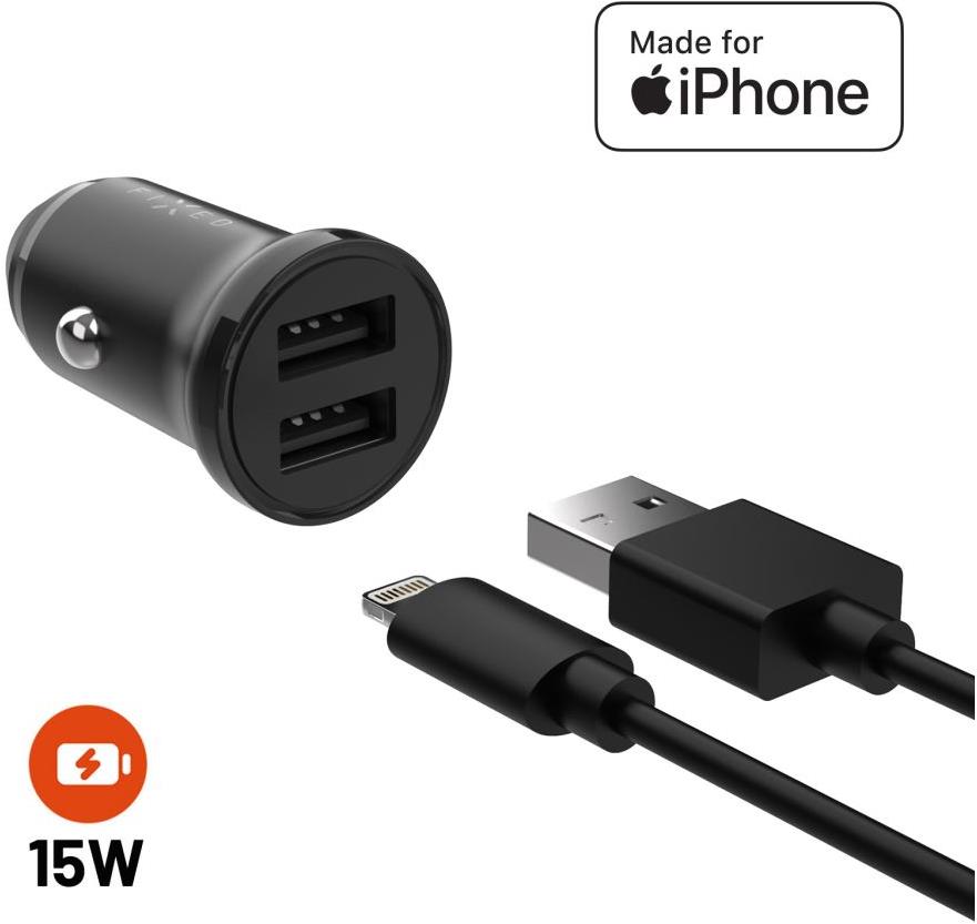 FIXED s 2xUSB výstupem a USB/Lightning kabelem 1 metr MFi certifikace 15W Smart Rapid Charge černá