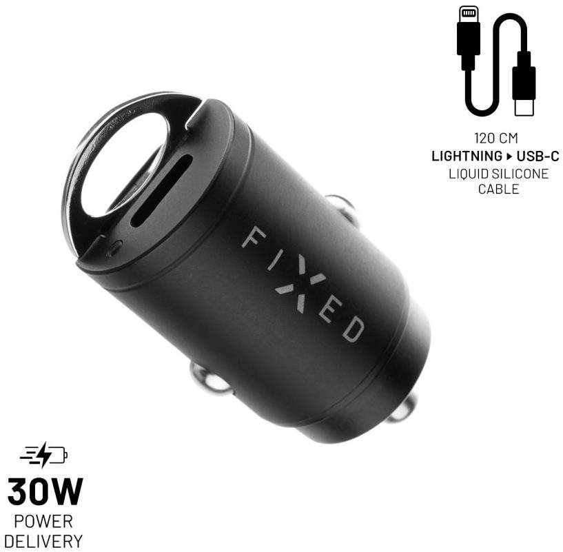 FIXED PD Rapid Charge Car Mini s 2xUSB-C výstupem a USB-C/Lightning kabelem 1.2 m podpora PD 30W čer