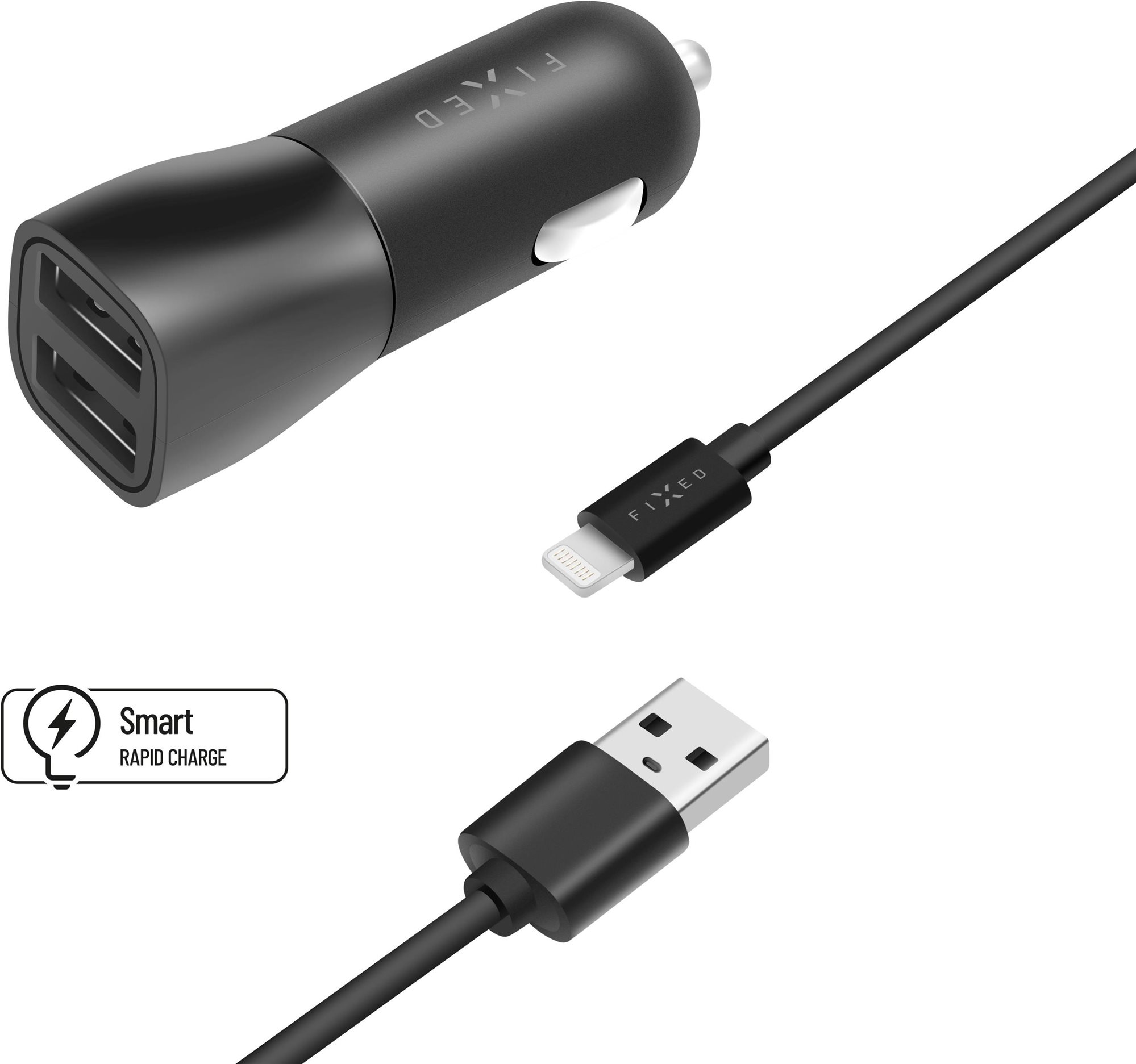 FIXED s 2xUSB výstupem a USB/Lightning kabelu 1 metr MFI certifikace 15W Smart Rapid Charge černá