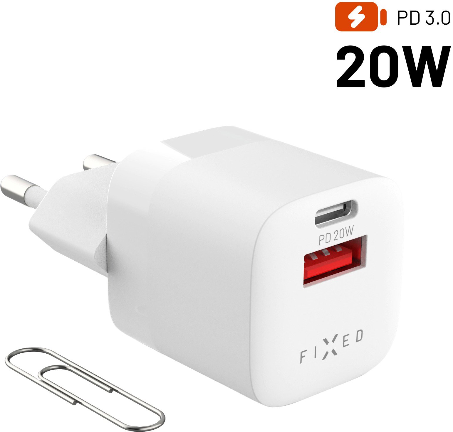 FIXED PD Rapid Charge Mini s USB-C a USB výstupem podpora PD a QC 3.0 20W bílý