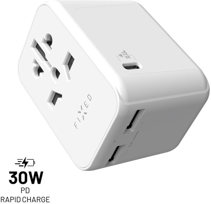 FIXED Voyager Travel GaN PD 30 W pro EU UK a USA/AUS s 1xUSB-C a 2xUSB výstupem bílý