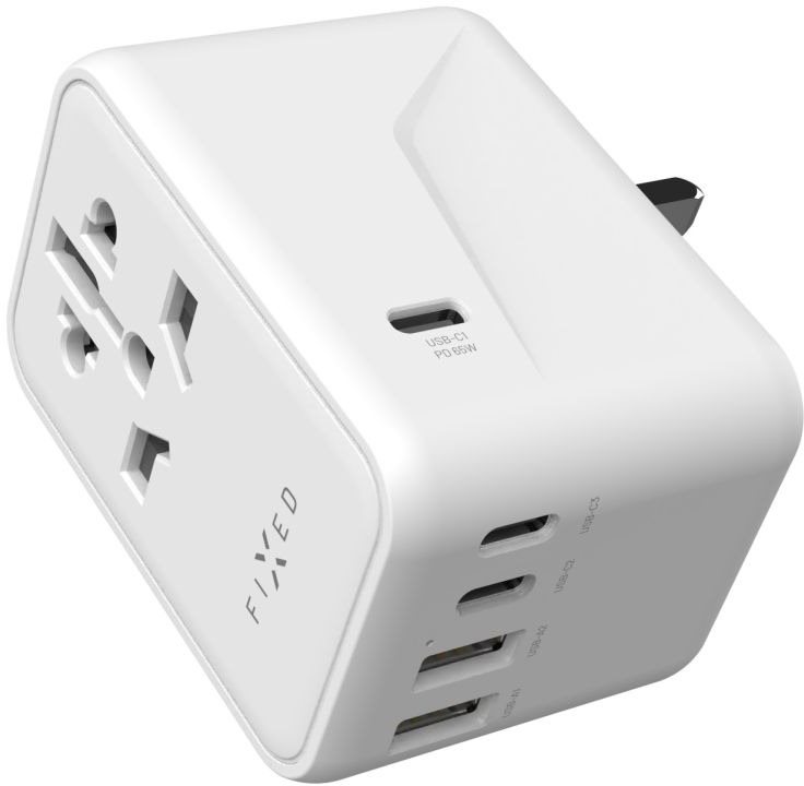 FIXED Voyager Travel GaN PD 65 W pro EU UK a USA/AUS s 3xUSB-C a 2xUSB výstupem bílý
