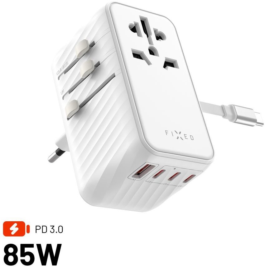 FIXED Voyager Travel GaN PD 85W pro EU UK a USA/AUS s 4x USB-C a 1x USB bílý
