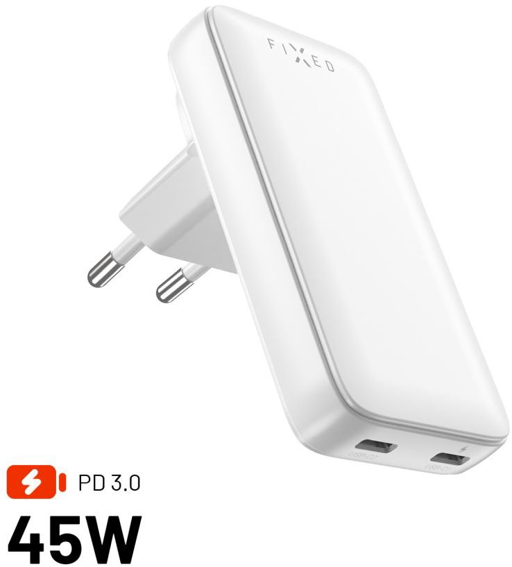 FIXED Slim Traveller GaN PD 45W s 2x USB-C výstupem s vyměnitelnými adaptéry bílá