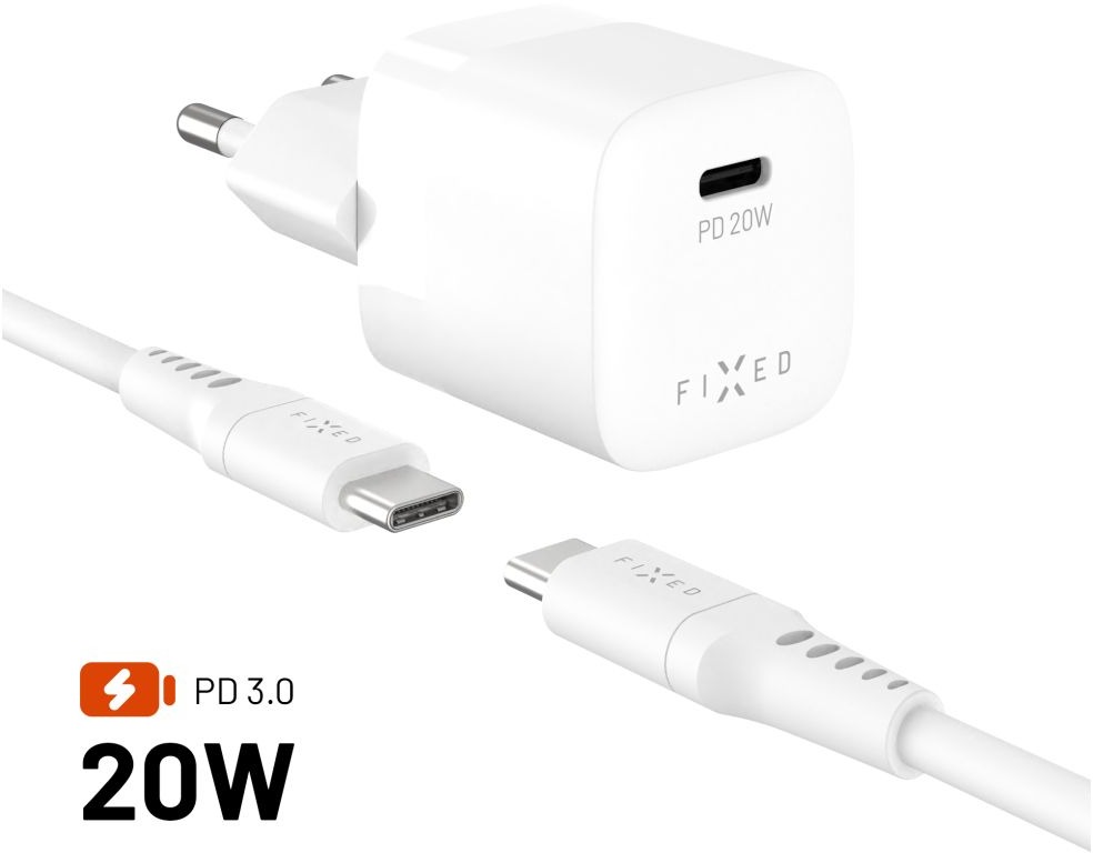 FIXED Mini s USB-C výstupem a USB-C/USB-C kabelu 1.2m podpora PD 20W bílý
