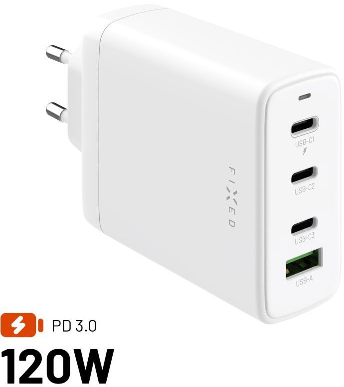 FIXED GaN s 3xUSB-C a USB výstupem podpora PD 3.0 120W bílá