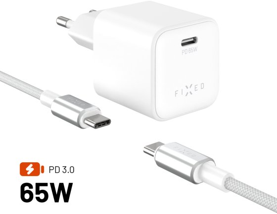 FIXED Mini GaN s USB-C výstupem a USB-C/USB-C kabelem 2m podpora PD 65W bílá