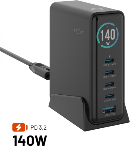 FIXED GaN Station 140W s displejem 4x USB-C/USB PD 3.2 černá