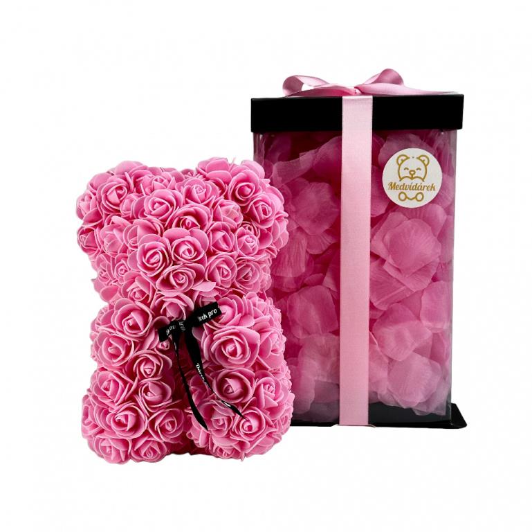 Medvídárek Romantic medvídek z růží 25 cm růžový zasypaný růžovými lístky