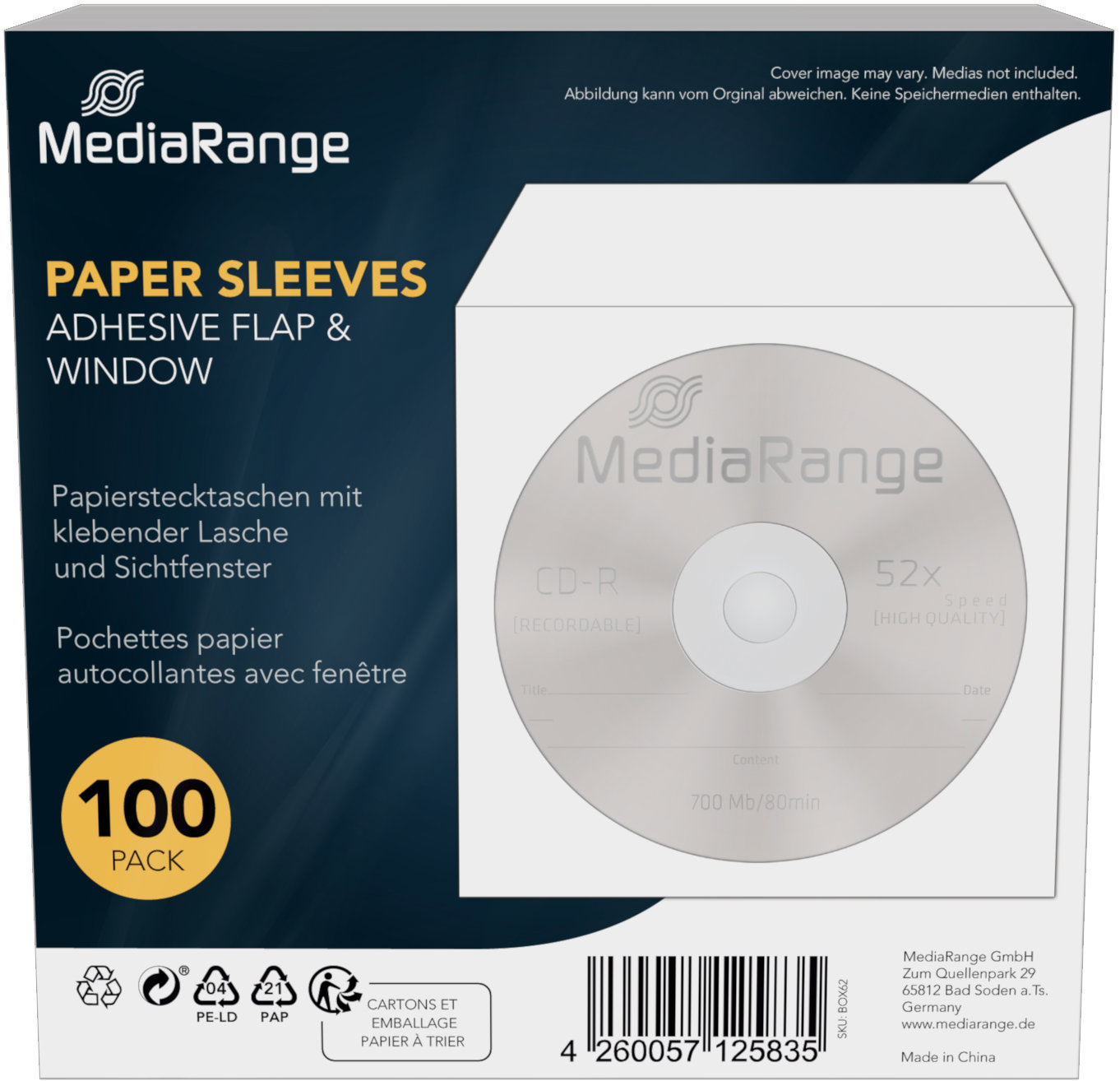 MEDIARANGE papírová obálka se zalepovací klopou a okénkem, 100 ks