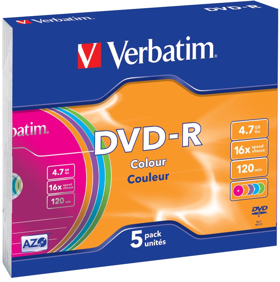 VERBATIM DVD-R AZO 4,7GB, 16x, colour, slim case 5 ks