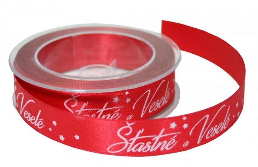 GOBA Stuha - látková, 25 m/2,5 cm, Šťastné a veselé, červená