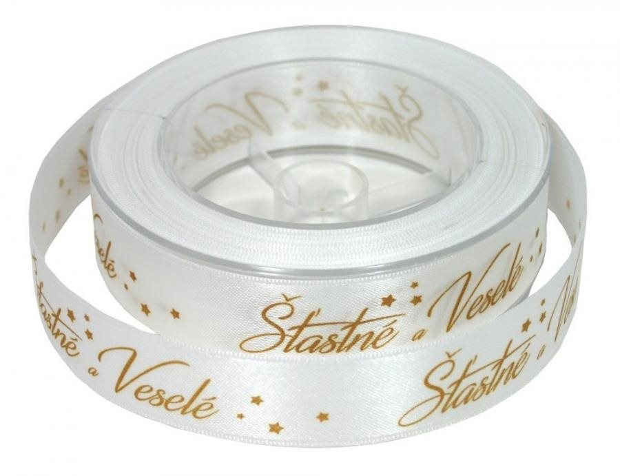 GOBA Stuha - látková, 25 m/2,5 cm, Šťastné a veselé, bílá