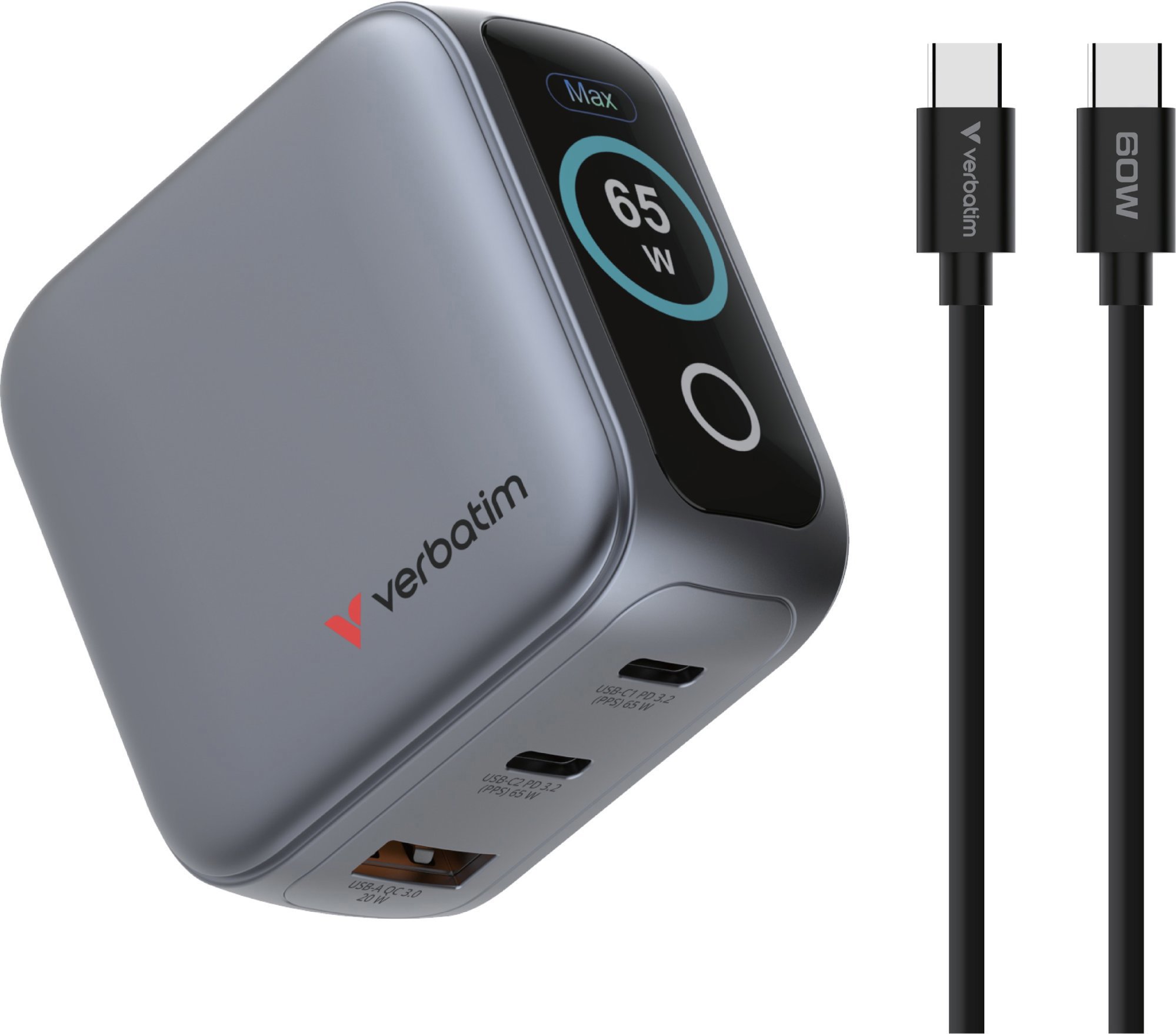 Verbatim Mini GaN nabíječka 65W s displejem + 60W kabel USB-C na USB-C (nabíječka a přenos dat) šedá