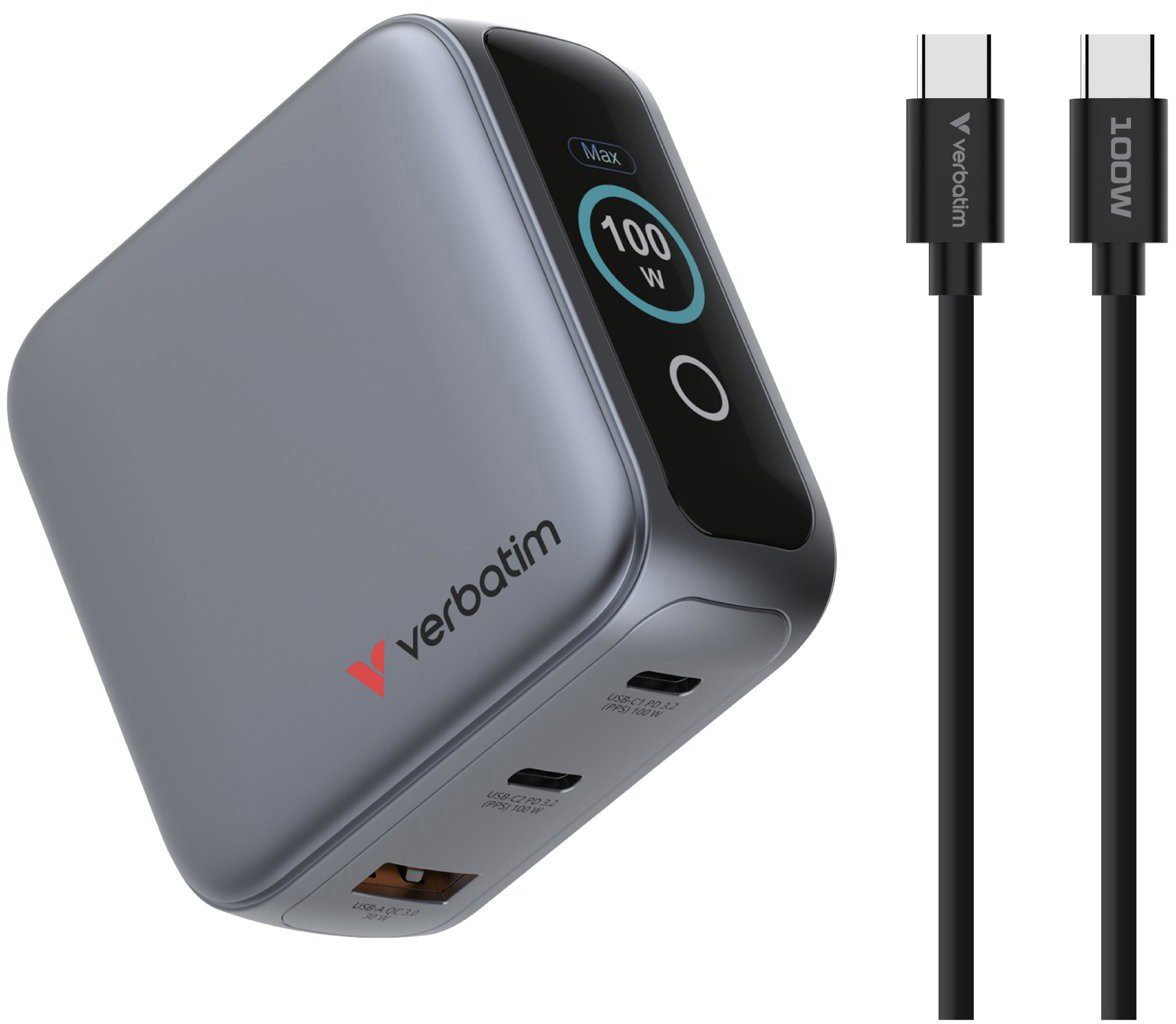 Verbatim Mini GaN nabíječka 100W s displejem + 100W kabel USB-C na USB-C (nabíječka a přenos dat) še