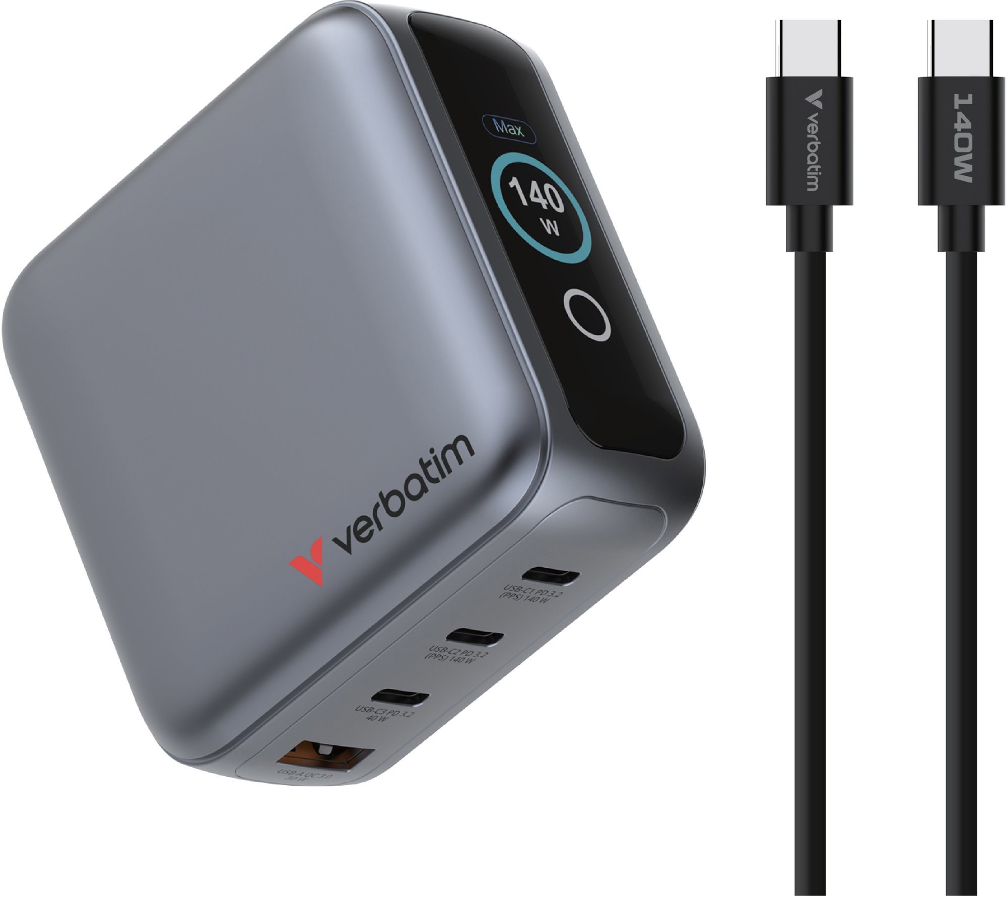 Mini GaN nabíječka 140W s displejem + 140W kabel USB-C na USB-C (nabíječka a přenos dat) šedá