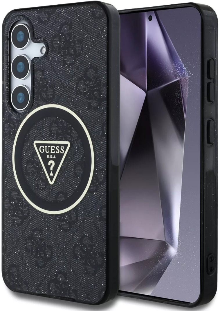 Guess IML 4G Glitter and Triangle Logo MagSafe Zadní Kryt pro Samsung Galaxy S25+ Black