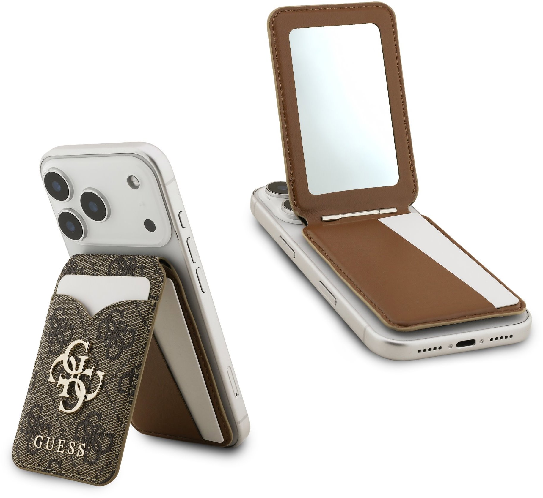 Guess PU 4G Mirror MagSafe Cardslot Peněženka se Stojanem Brown