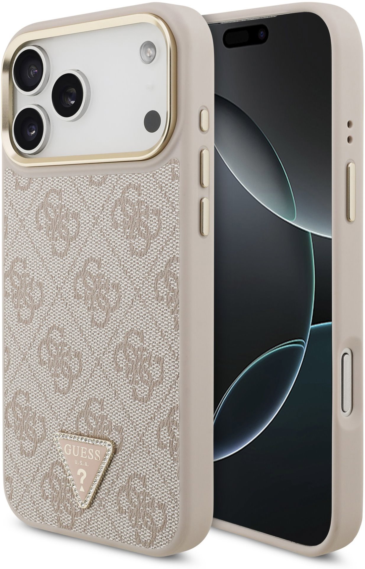 Guess PU Leather 4G Strass Triangle Logo Gold Frame MagSafe Zadní Kryt pro iPhone 18 Pro Max Pink