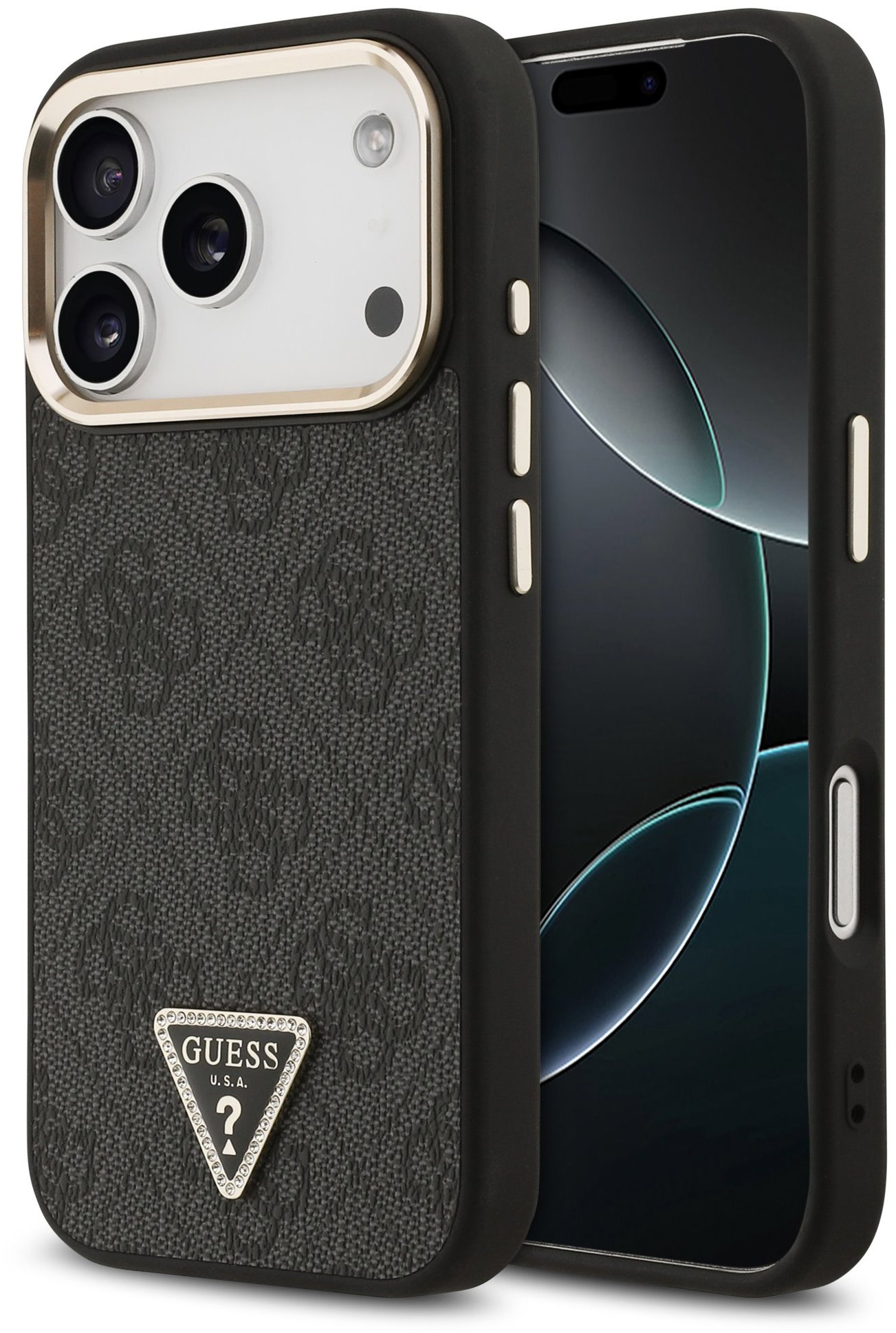 Guess PU Leather 4G Strass Triangle Logo Gold Frame MagSafe Zadní Kryt pro iPhone 18 Pro Black