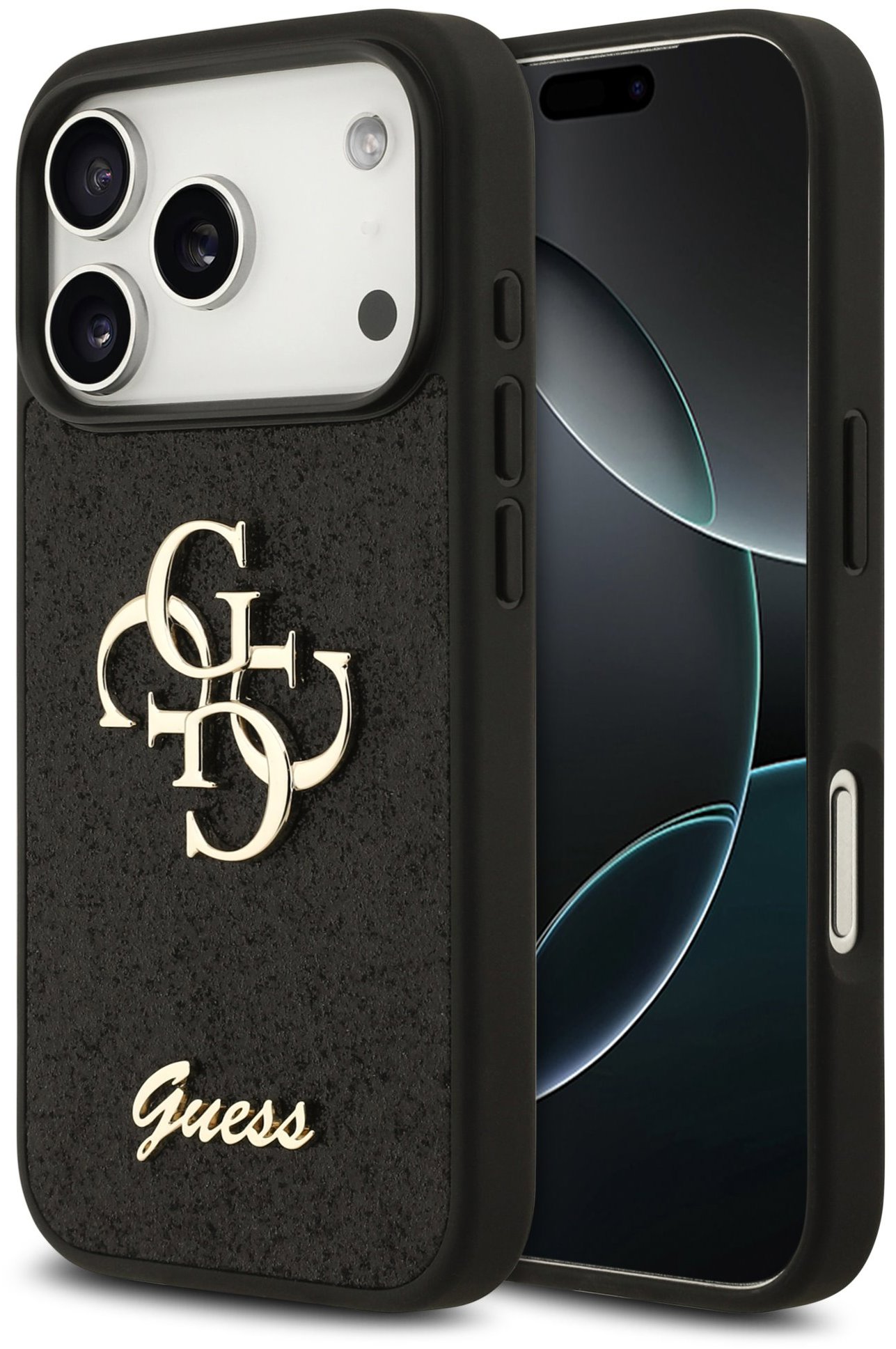 Guess PU Fixed Glitter 4G Metal Logo Zadní Kryt pro iPhone 18 Pro Black