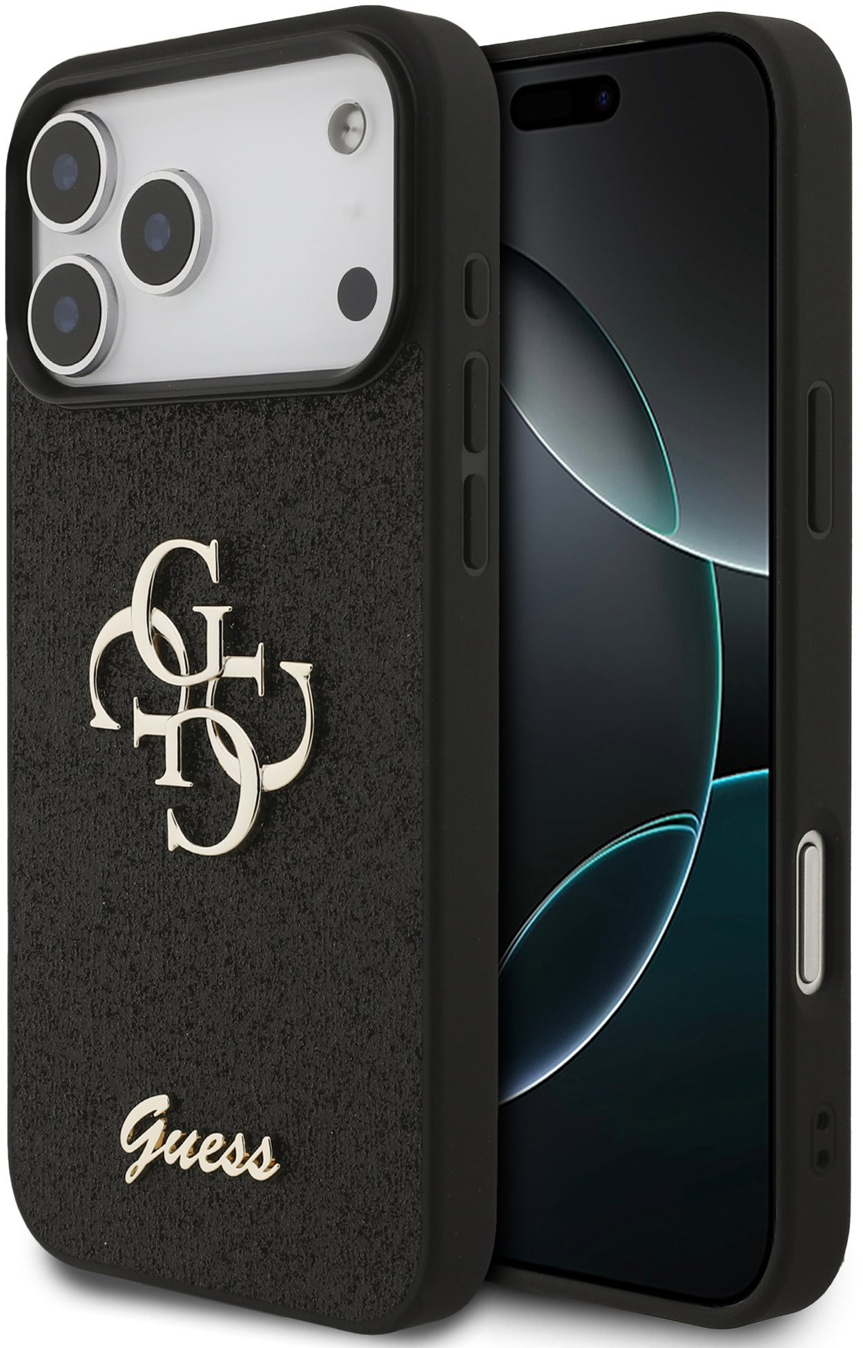 Guess PU Fixed Glitter 4G Metal Logo Zadní Kryt pro iPhone 18 Pro Max Black