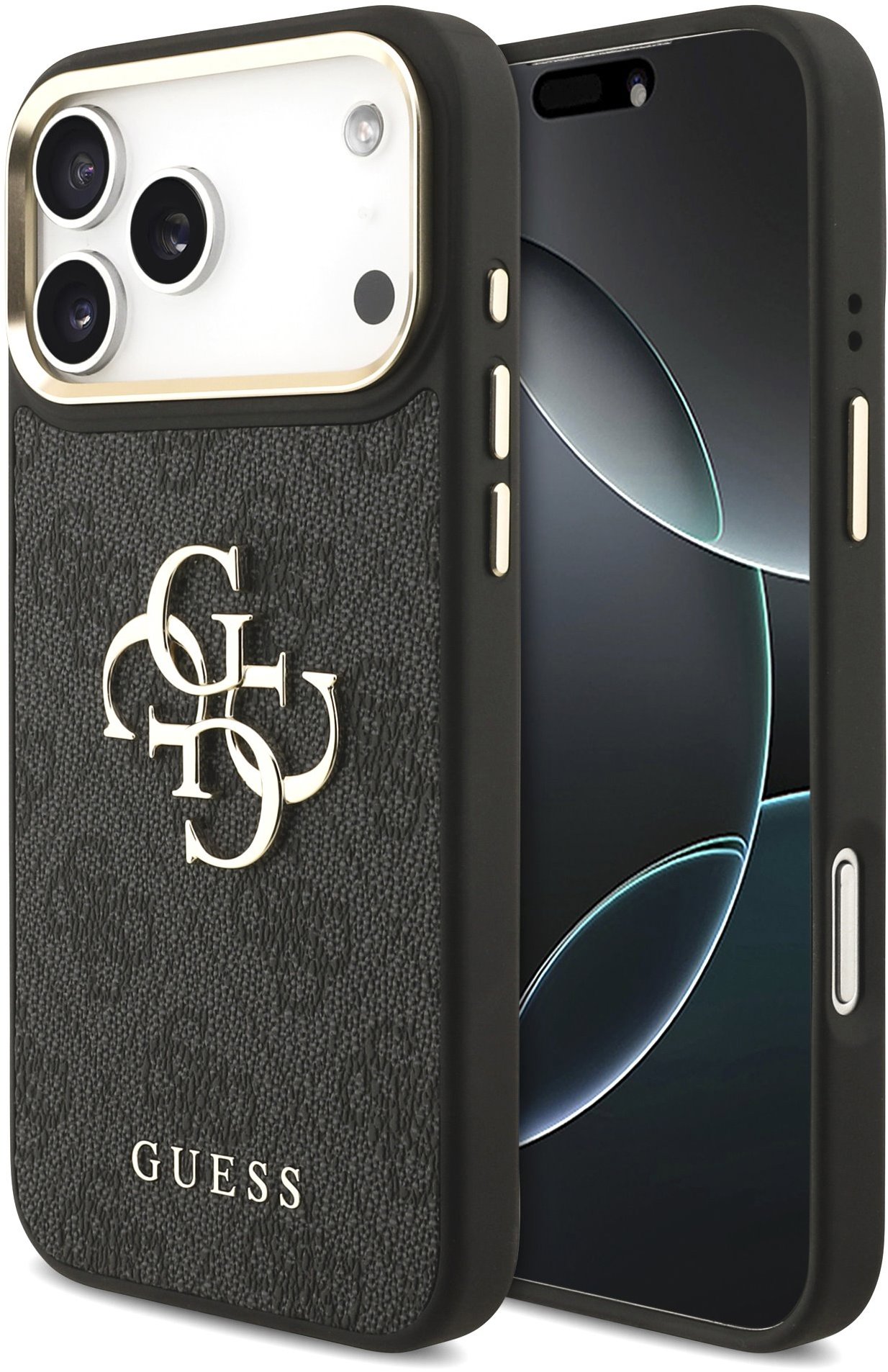 Guess PU Leather 4G Metal Logo Gold Frame Zadní Kryt pro iPhone 18 Pro Max Black