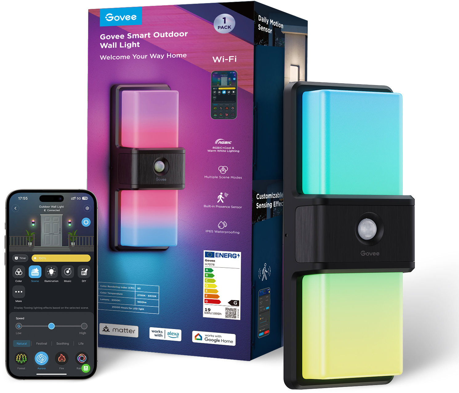 Govee RGBICWW Smart venkovní nástěnné světlo, Matter, 1500 lm
