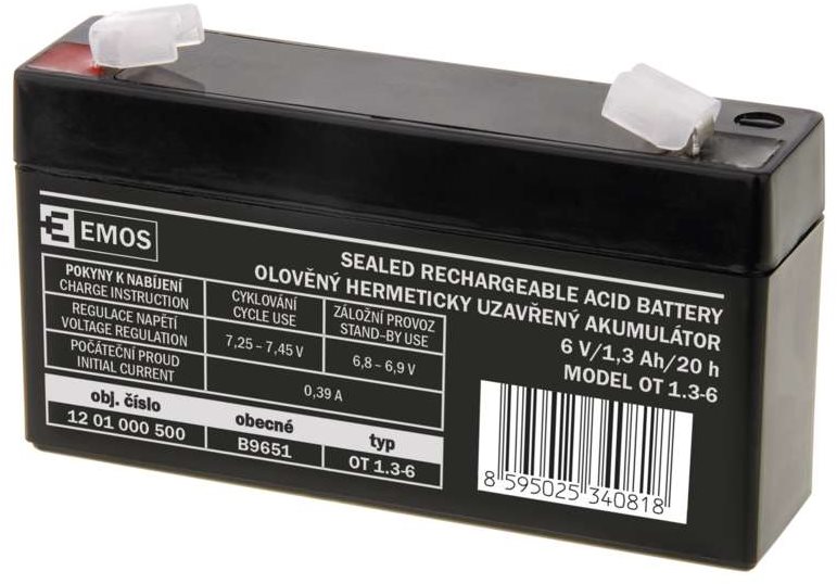 EMOS Bezúdržbový olověný akumulátor 6 V/1,3 Ah, faston 4,7 mm
