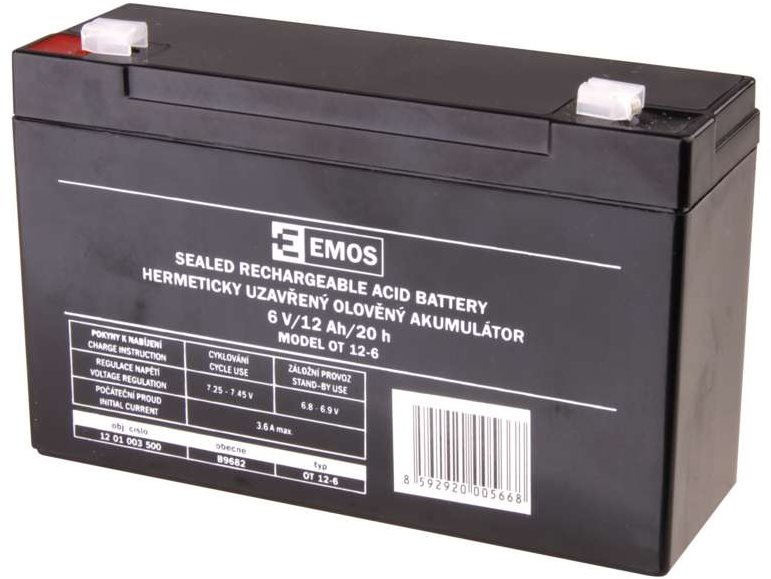 EMOS Bezúdržbový olověný akumulátor 6 V/12 Ah, faston 4,7 mm