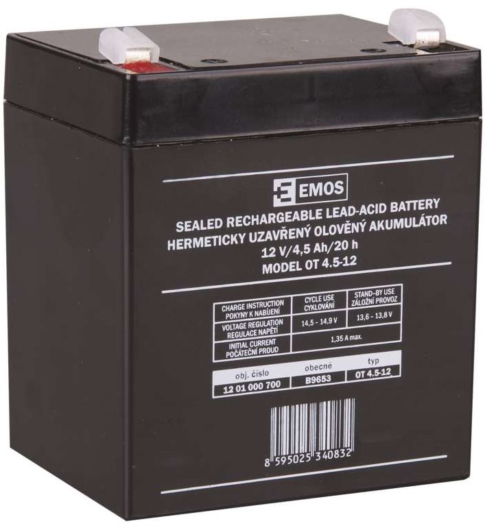 EMOS Bezúdržbový olověný akumulátor 12 V/4,5 Ah, faston 4,7 mm