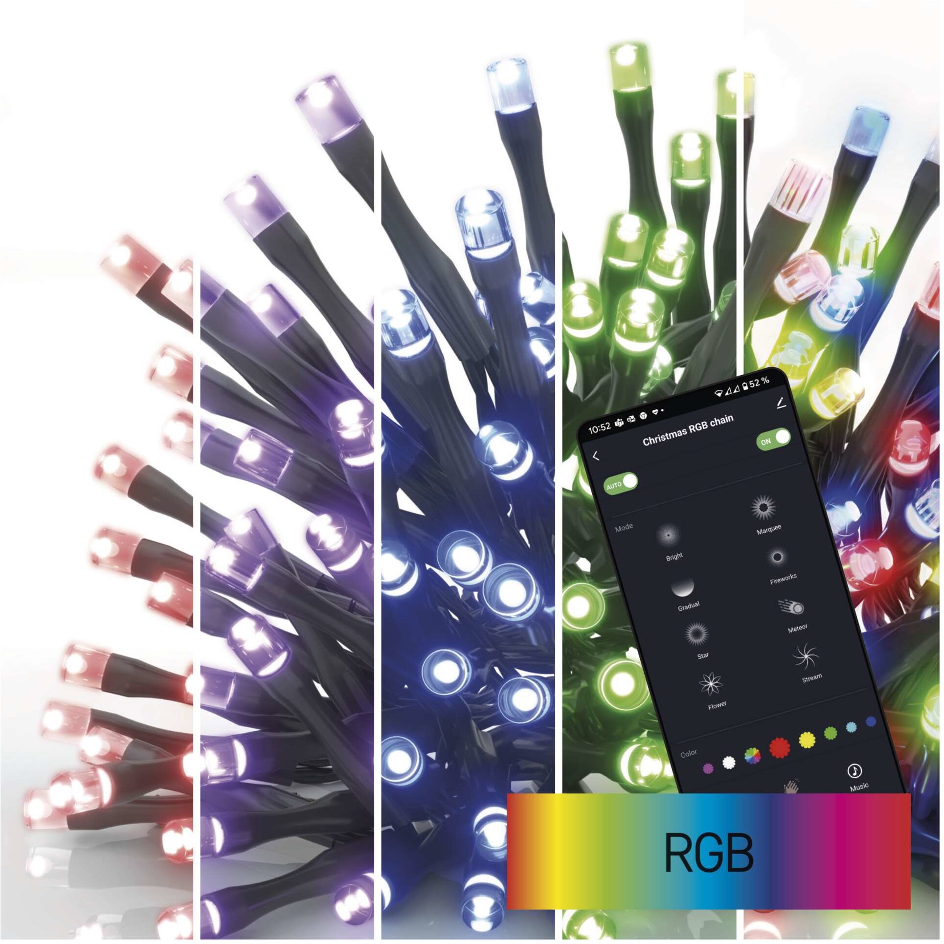 EMOS GoSmart LED vánoční řetěz, 12 m, venkovní i vnitřní, RGB, programy, časovač, wifi