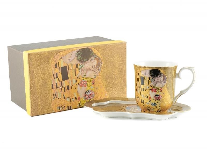 Home Elements porcelánový hrnek 360 ml, s podtáckem, Klimt, Polibek zlatý